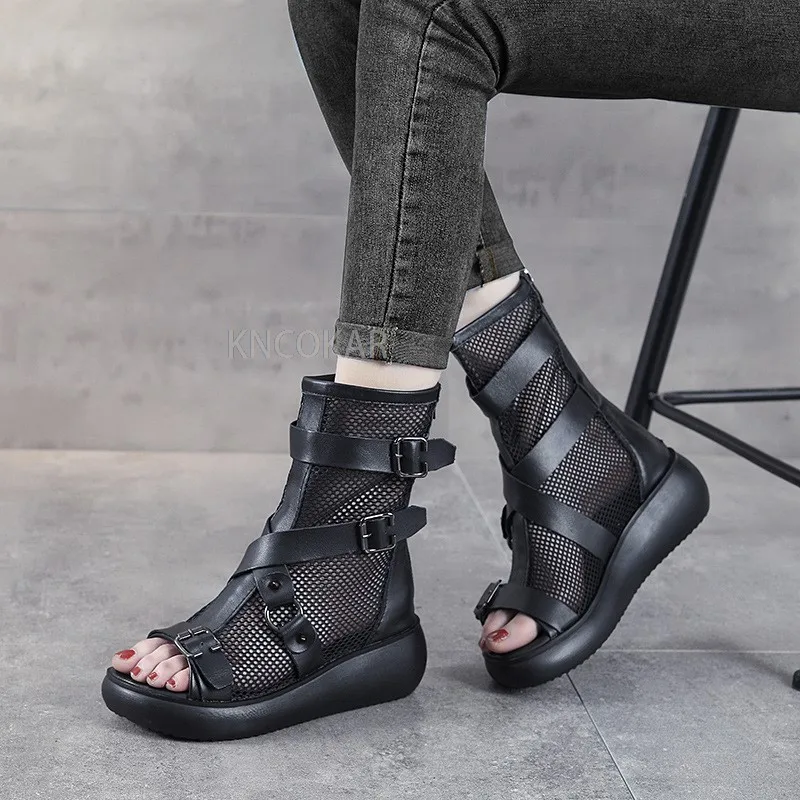 Summer 2022 New Genuine Leather Sandals Women\'s Hollow Mesh Breathable High-top Wedge Heel Thick-soled Fish Mouth Sandals