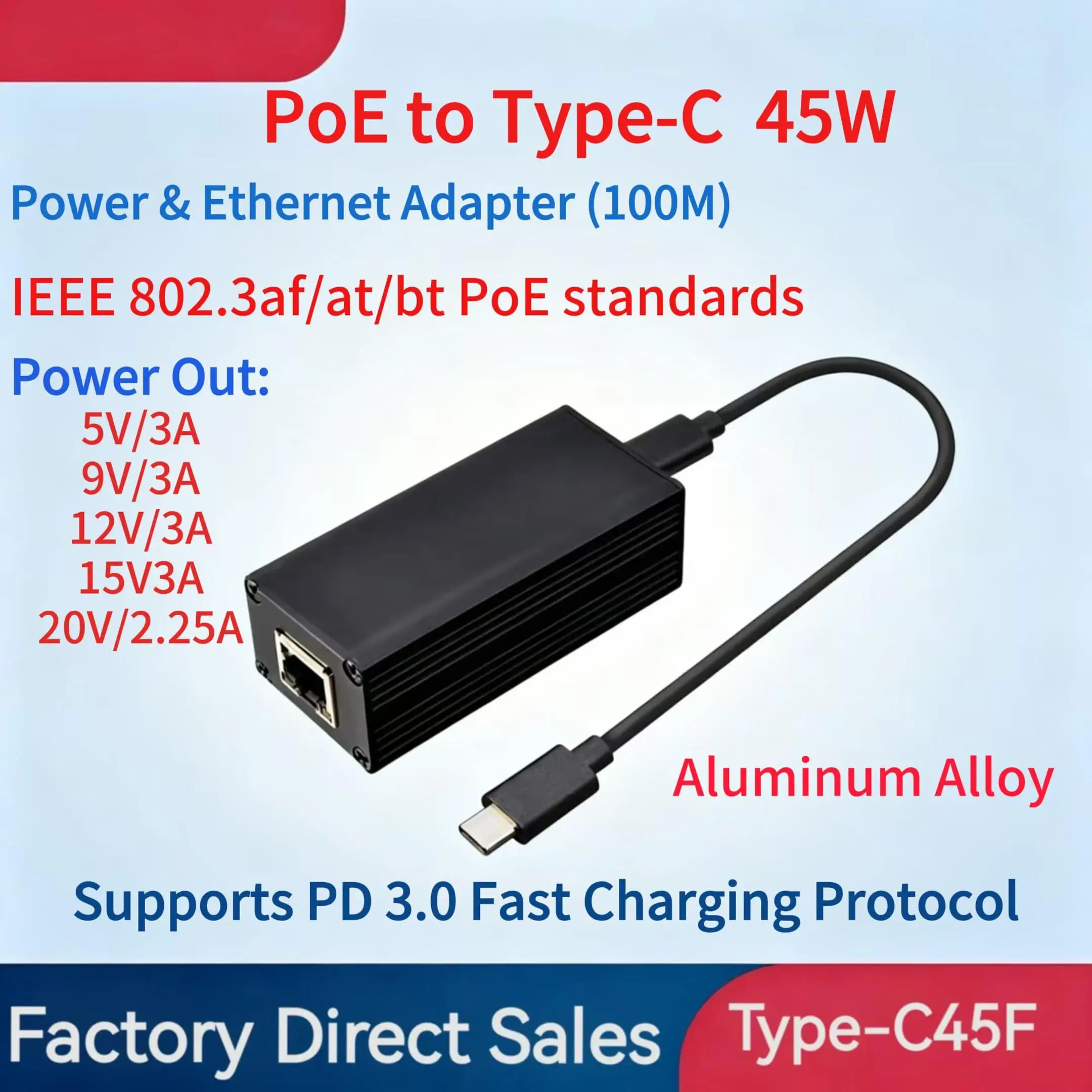 2.5G 45W PoE to USB-C Converter Adapter, Type-C Output Power & Ethernet 2 in 1, Max 20V 45W Charging & 2.5Gbps rate