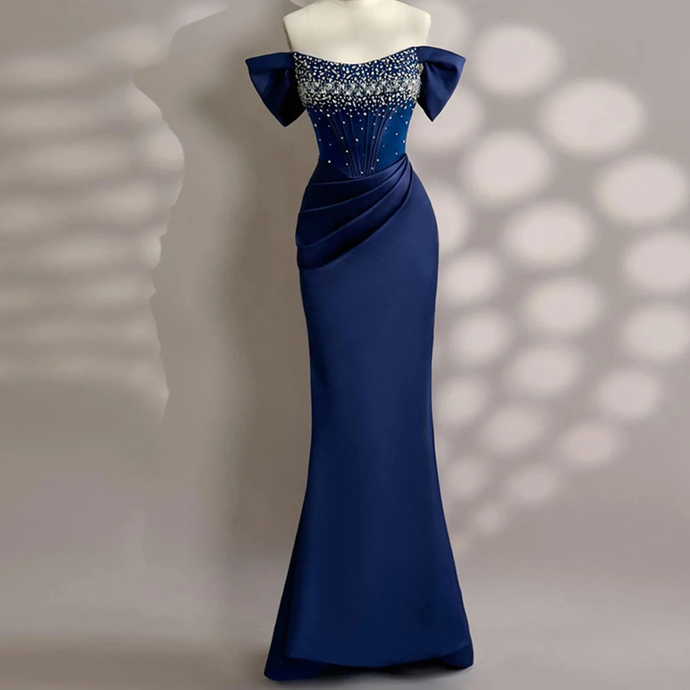 

Mermaid Off the Shoulder Homecoming Dresses Soft Blue Satin Evening Dress Customized Saudi Arabia Crystal Bespoke Occasion Gown