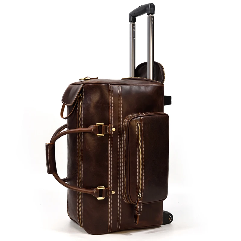

Genuine Leather Hand Laugage Travel Bag with Wheels Men Women Travel Bag Rolling Duffle Bags with Rollers Handbags