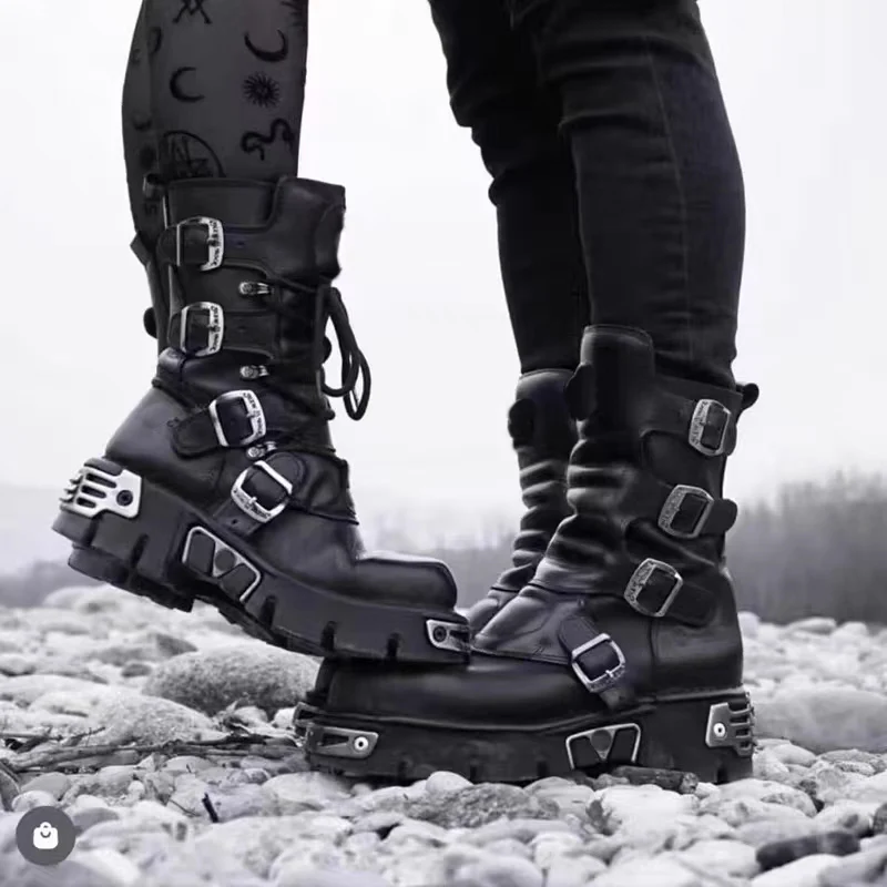 

Men's Fashion Genuine Leather Motorcycle Boots Gothic Skull Punk Boots New Unisex Mid-calf Cowboy Boots Metallic Combat Boots48