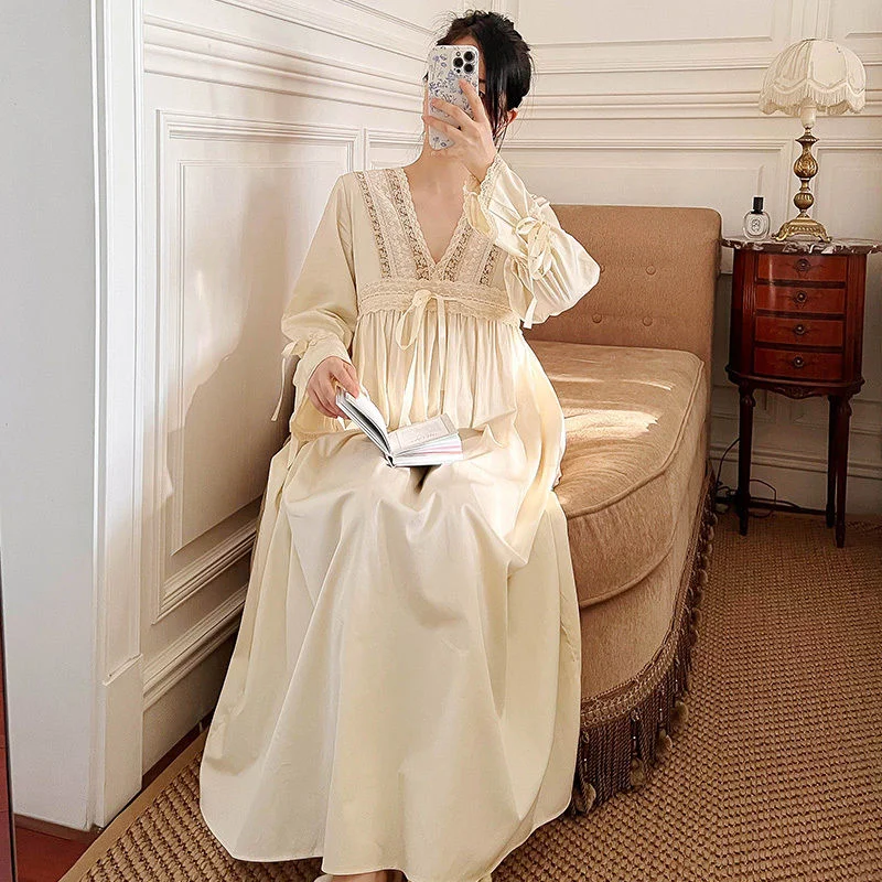 Solid Color Pullover V-neck Long Sleeve Fashion Casual Women's Nightgowns Sleepwear Women Night Gown Sleep Dress Loose