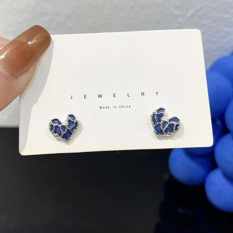 Mihan Modern Jewelry Blue Heart Earrings 925 Silver Needle Cool Sweet Korean Temperament Love Stud Earrings For Women Wholesale