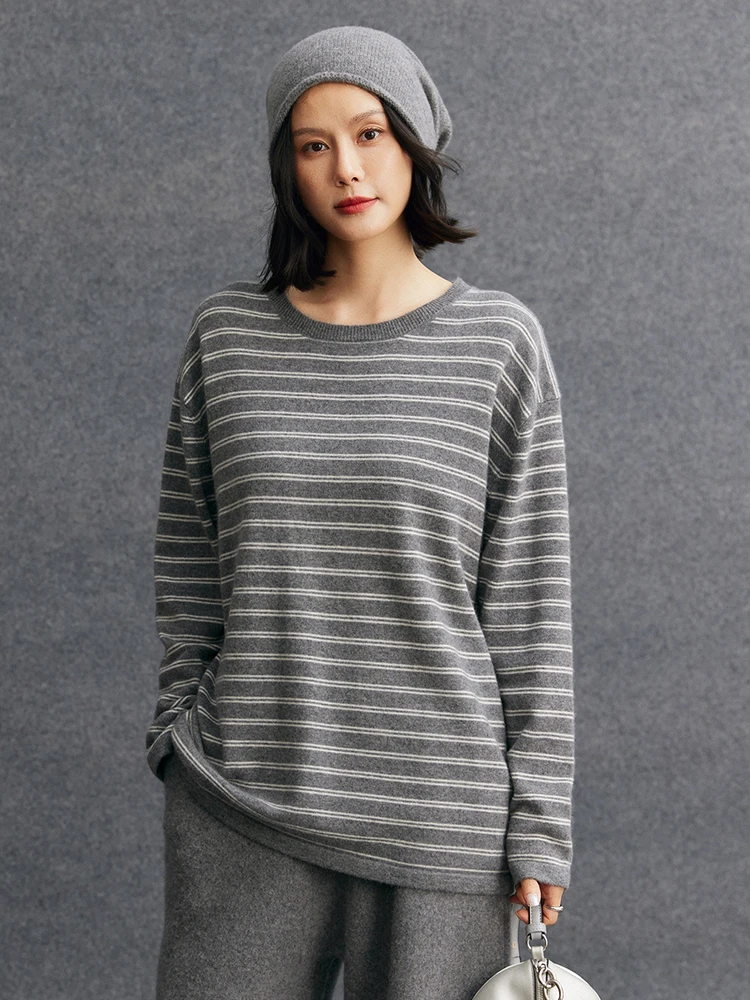 

Women's Sweater Pullover 100% Cashmere Sweater Spring Autumn Clothing O-Neck Color Blocking Long Style Pullover Stripe Warm Knit