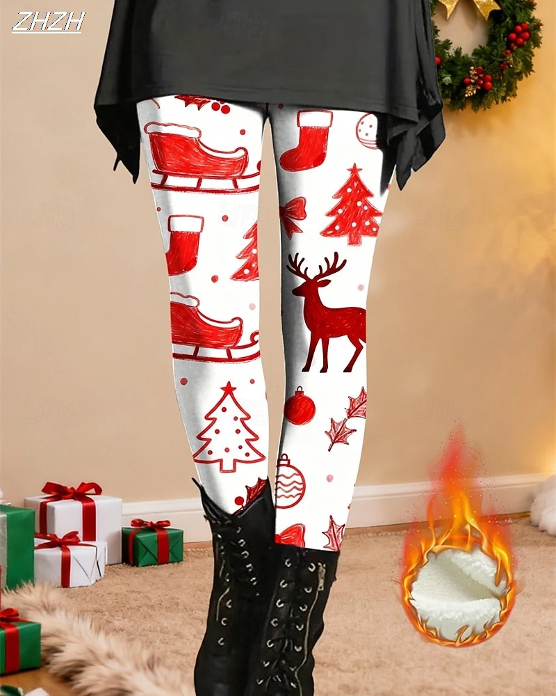 Leggings femininas confortáveis leggings moda streetwear calças básicas 2025 tema de natal impressão gráfica velo térmico quente