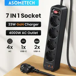 ASOMETECH 4000W Power Strip Multi Outlet 1.5M Extension Cord Network Filter With 3 USB PD 33W PPS Fast Charging Surge Protector