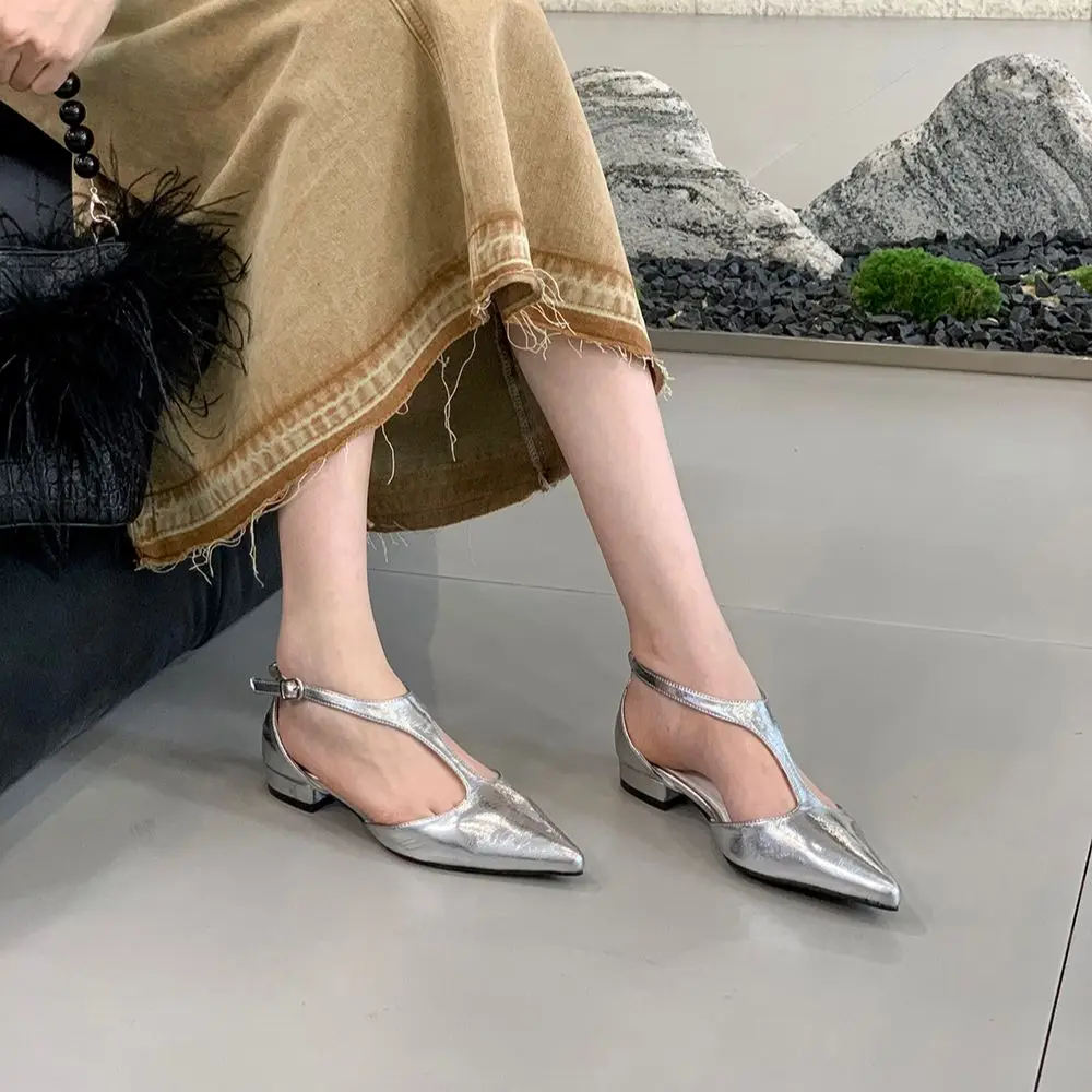 Pointed Toe Women Sandals T Strap Flat Low Heels Ankle Strap Patent Leather Fashion Dress Shoes Woman Ladies Party Size 35-39