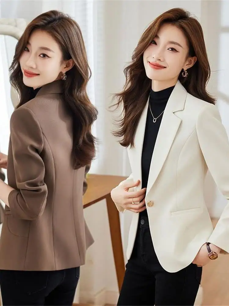Café Brown Women's Suit Jacket Waist-Cinching Versatile Fashionable Spring Autumn Lightweight Casual Short Sleeve Top