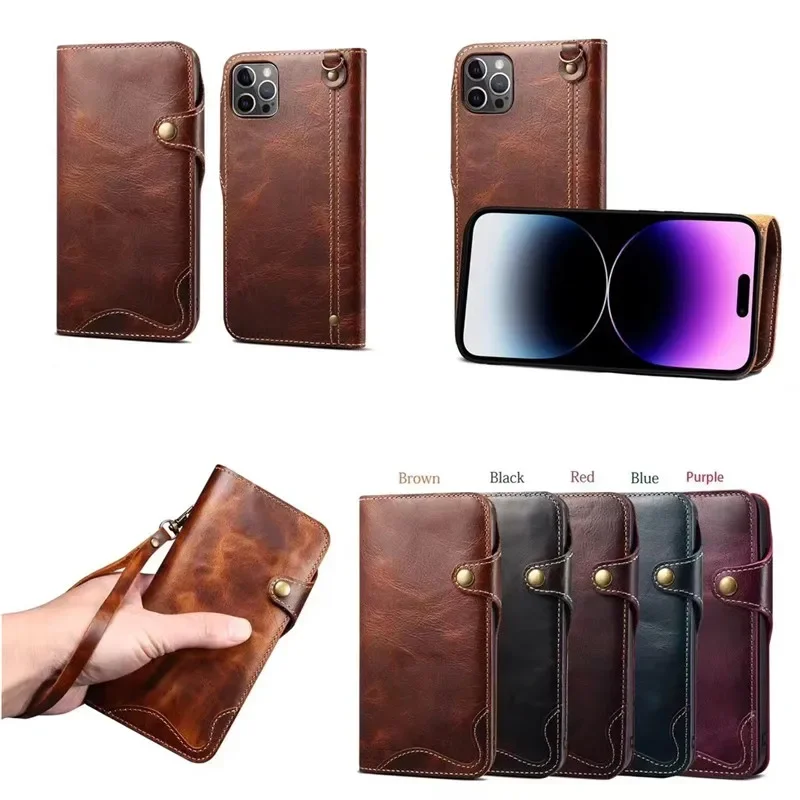 

EUCAGR Genuine Leather Wallet Phone Case for iPhone 14 15 Plus 12 13 Pro Max 11 XS XR 6S 7 8 SE Holder Cover With Hand Strap