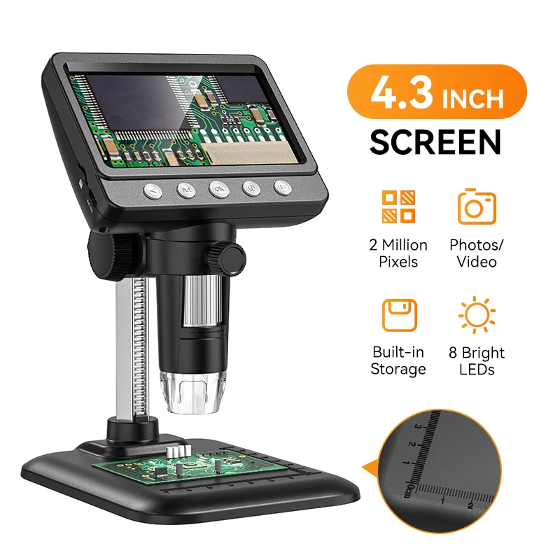 4.3'' Digital Microscope 1000X USB Microscope 1080p Repair Soldering Microscope with 8 LEDs Coin Magnifier Compatible PC Windows