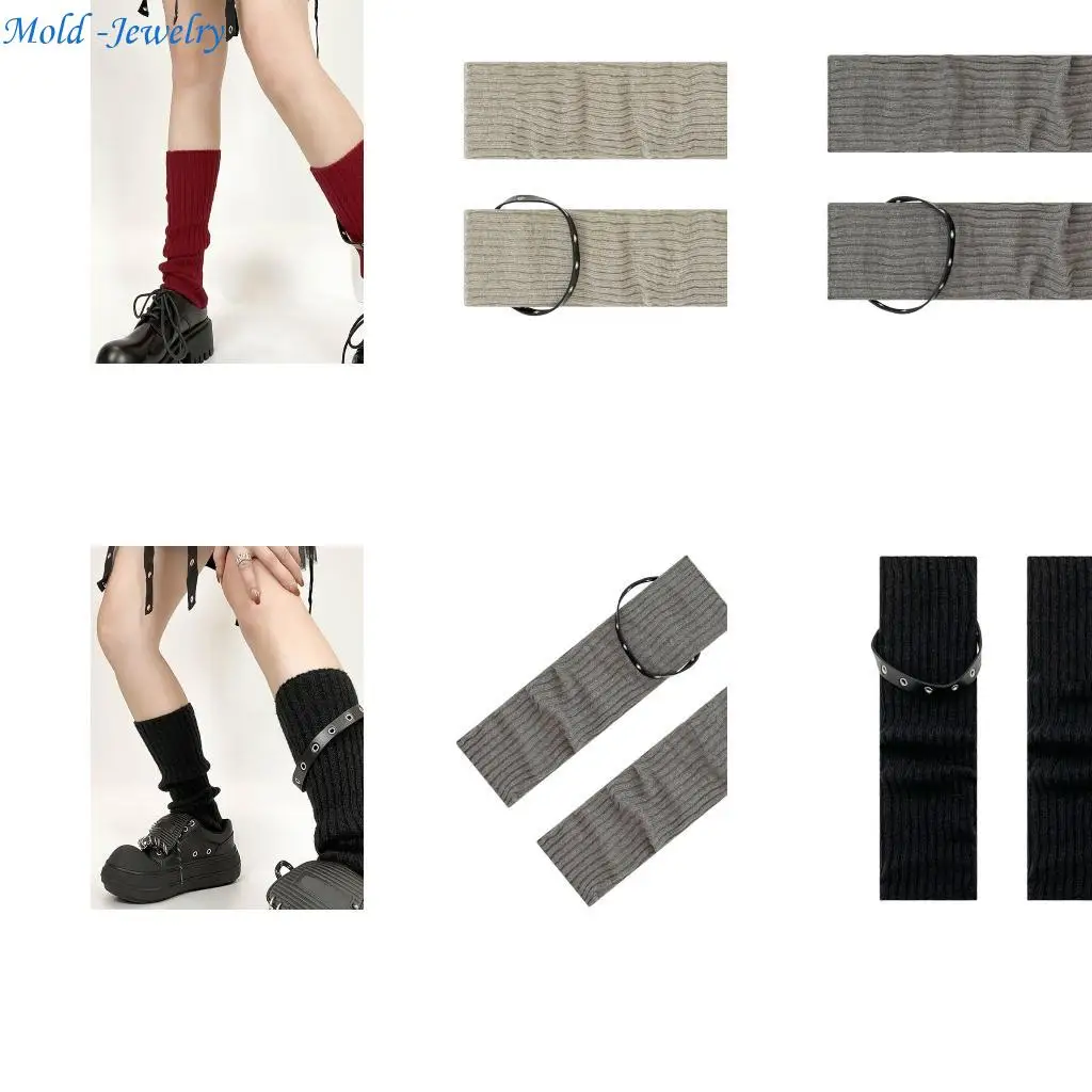 

69HB Women Harajuku Punk Leg Warmers with Eyelets Leather Belt Ribbed Knit Boot Toppers Motorcycle Footless Socks for Parties