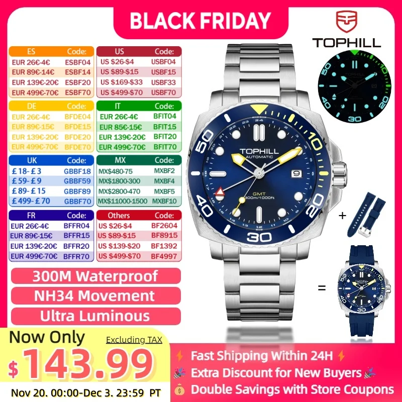 

TOPHILL GMT men's watches Automatic Submariner Mechanical Dive watch 300m for diving Sapphire Ceramic bezel Luxury gift
