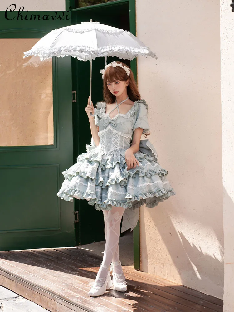 

Lolita Op Princess Bowknot Trailing Dress Summer New Fashion Sweet Short Sleeve High Waist Elegant Girly Style Dresses Women