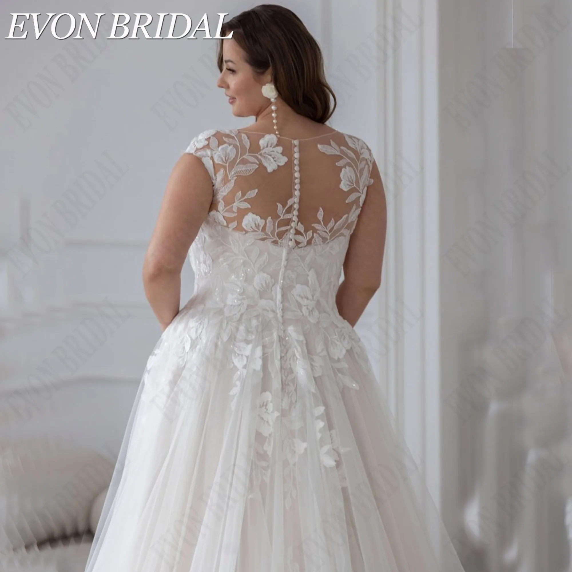 EVON BRIDAL Cap Sleeves Sequined Lace Appliques Customized Bride Dress Plus Size Tulle Wedding Gown Scoop Neck Robe de Mariee