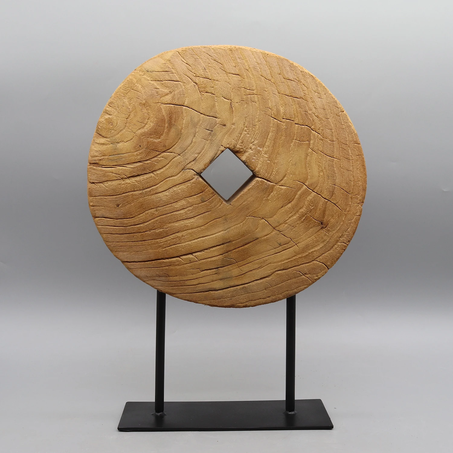 

Old Chinese Wooden Wheel, Round Fortune Disc with Metal Base