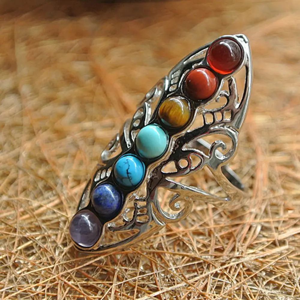 1PC Silver Plated 7 Chakra Healing Hollow Stones Adjustable Ring Unisex Thumb Reiki Gem Ring