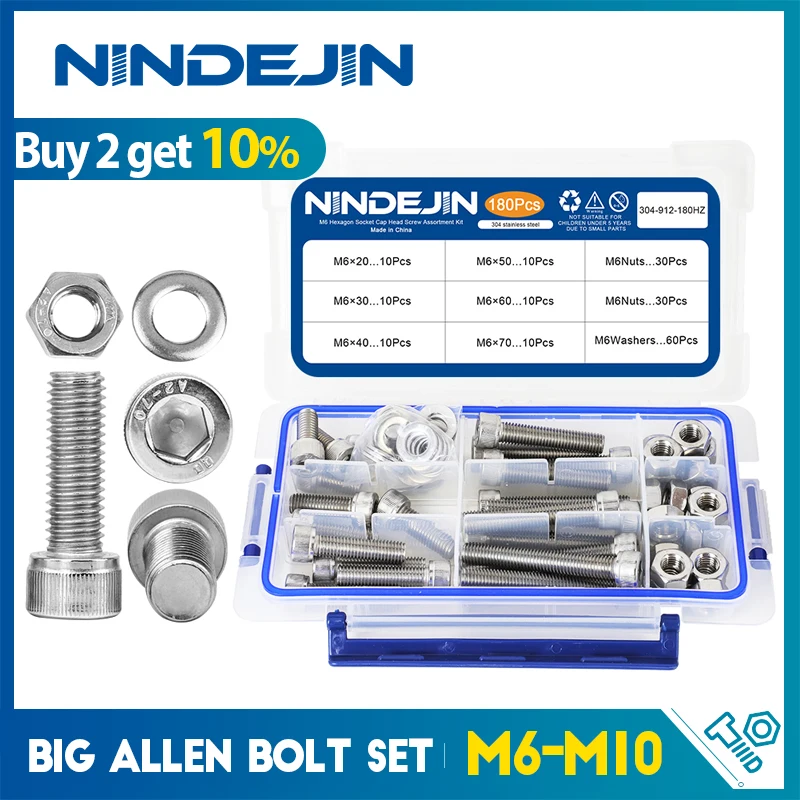 NINDEJIN M6 M8 M10 Bolts and Nuts Set Stainless Steel Big Size Allen Head Screw Kit Hex Socket Bolt Nut Set With Washers