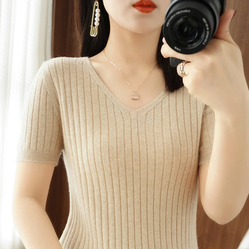 New Ladies Spring Summer Cashmere  Sweater Short sleeve V-Neck Pullover Vertical Striped Knitted Short sleeve Sweater Slim-Fit