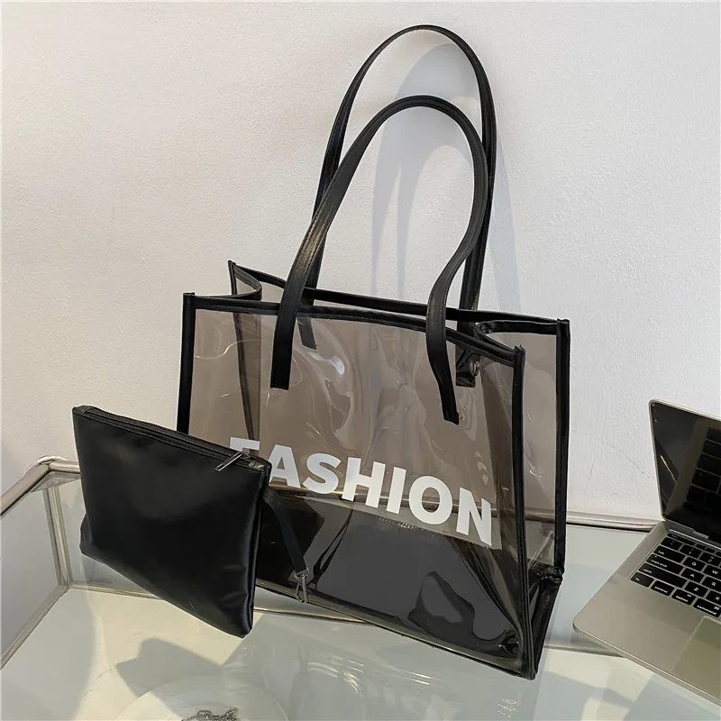 New Large Capacity Ladies Letter Print Tote Bag PVC Women Handbag Shoulder Bags Fashion Transparent Beach Shopper Bag