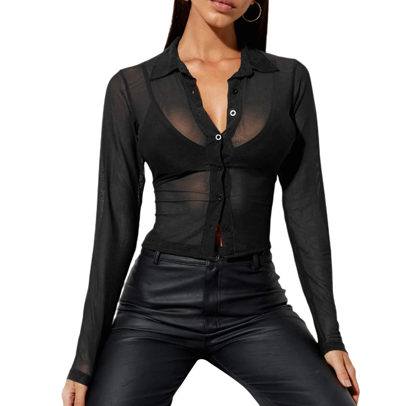 Women\'s Sexy See Through Shirts Mesh Sheer Single Breasted Tops Long Sleeve Turn-down Collar Sheer Blouse Streetwear