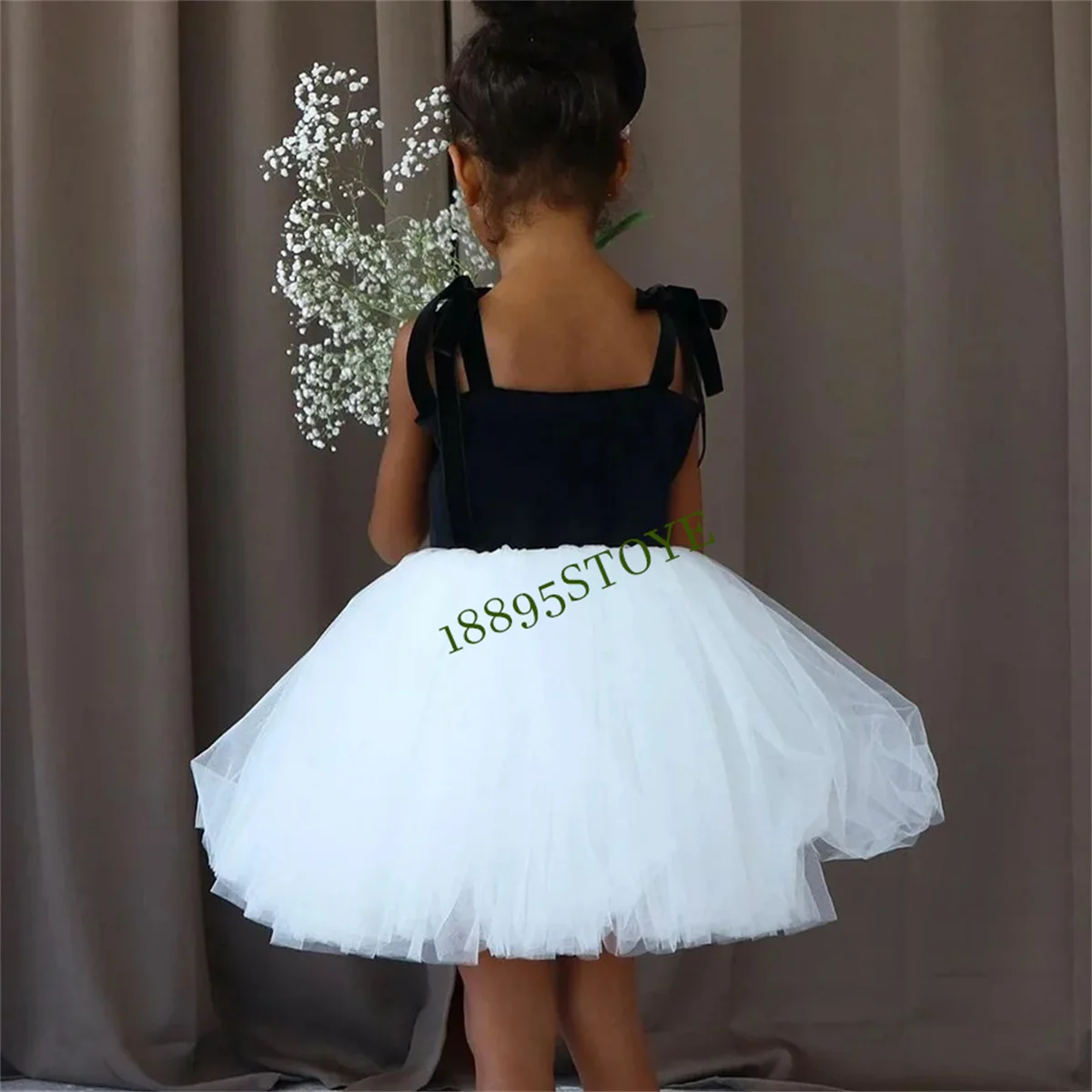 Flower Girl Dress Party Kids Birthday Knee Length Black White Contrast Color A-Line Princess Lace Short Dresses Suede Ball Gown