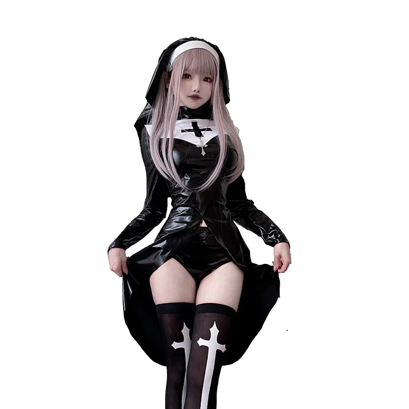 Halloween Latex Nun Costumes Women Sexy Black Leather Bodysuit With Headwear Nun Cosplay Dress Outfits Carnival Party Clothes