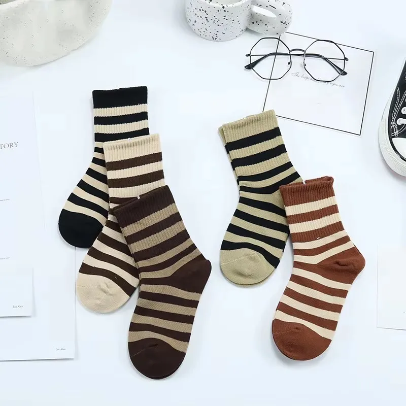 1/3/5 Pairs Striped Color -Block Kids' Mid - Calf Stretch Socks Thickened for Autumn & Winter, Warm & Comfortable Athletic Socks