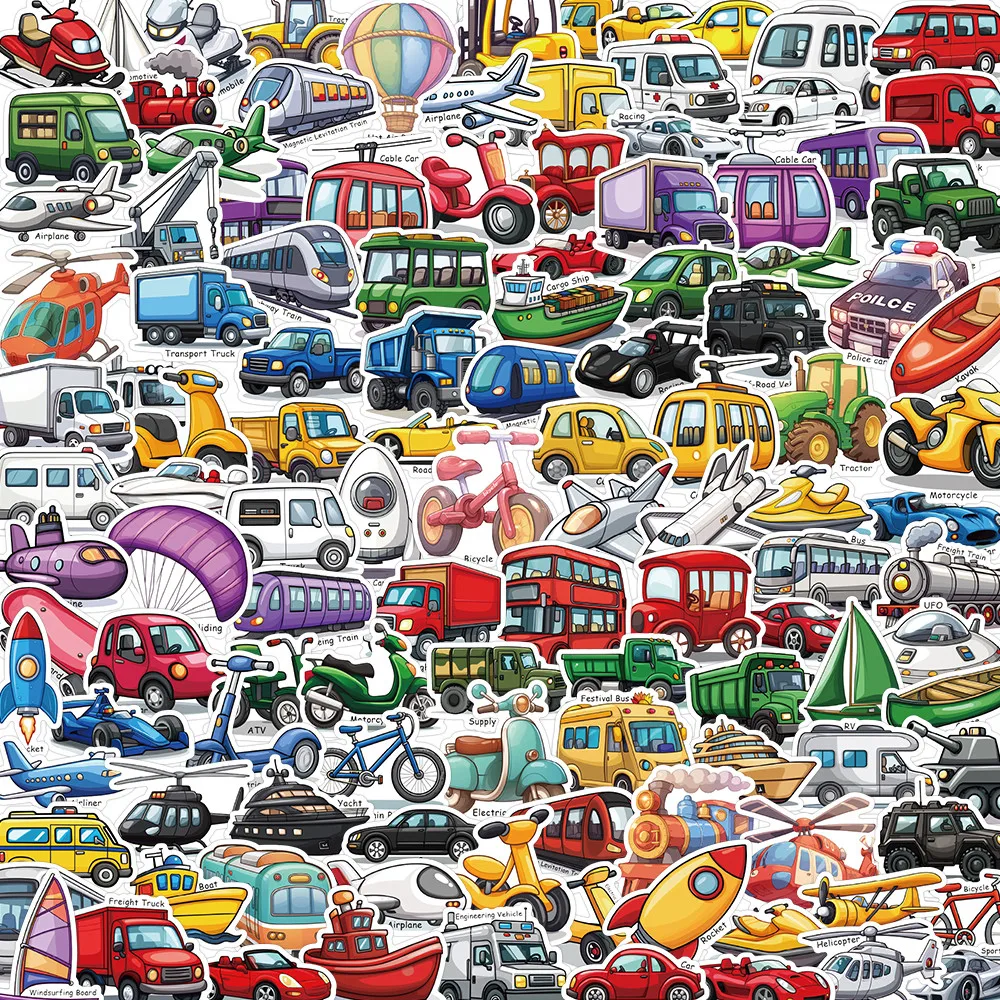 

200 Pcs Transportation Stickers - Cute Vehicle Decals for DIY Decor on Notebooks Laptops Journals Phone Cases AnimeWorlds Store