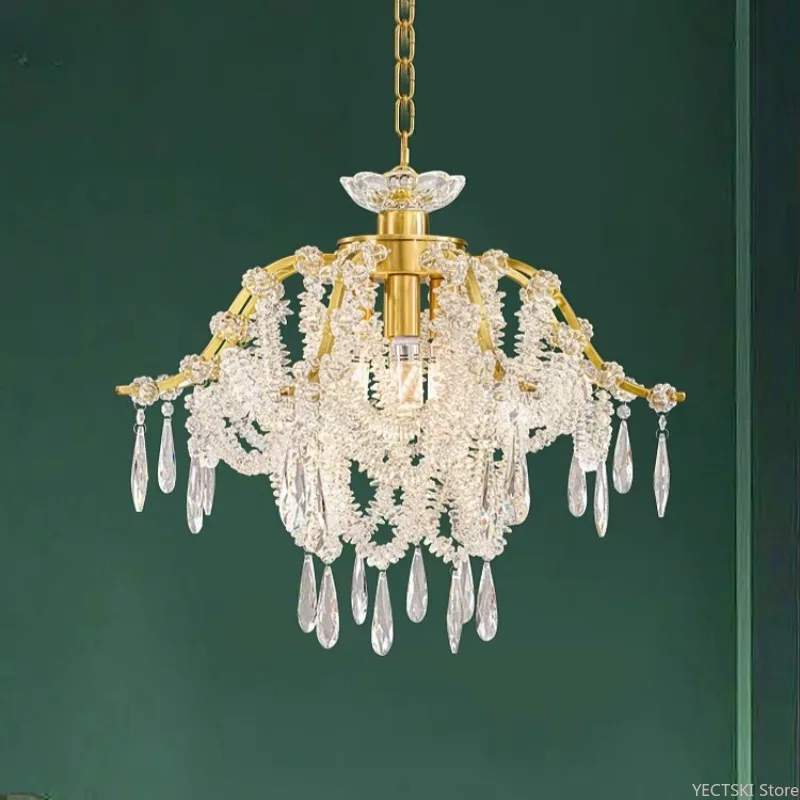 

Romantic Cloud Dream Full Copper Crystal Pendant, European French Light Luxury Atmosphere Bedroom Light