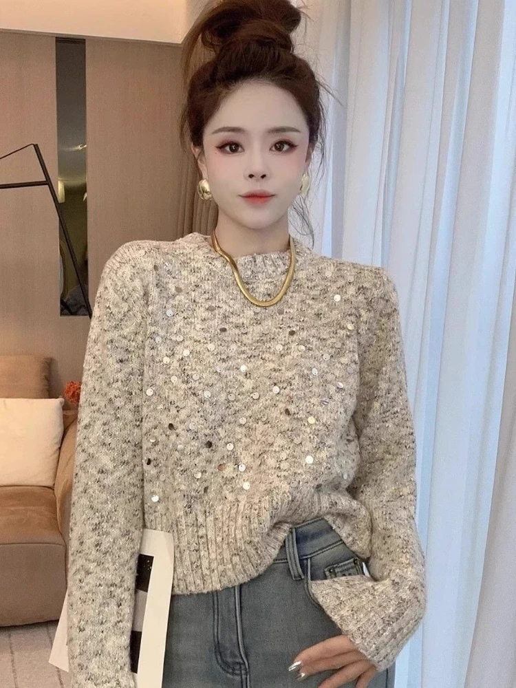 2026 Winter Women Retro Sequin Knitted Sweater Korean Lazy Style Chic Sparkle Pullover Tops