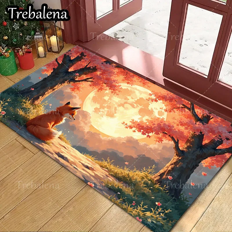 

1pc Welcome Door Mat Autumn Fox Moon Scene Doormat Home Decor Floor Mat Entrance Rug