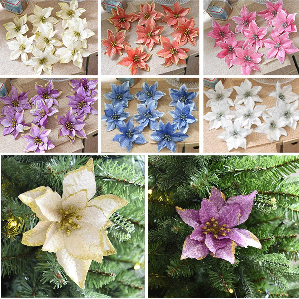 

24Pcs Glitter Fake Flower Christmas Decor Artificial Flowers for Tree Table Hanging Wedding Party Xmas Decorations Silver Gold