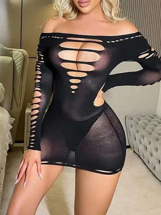 رغبة نقية كم طويل التفاف الورك بلون فستان مثير شبكة الجوف خارج عارية الذراعين فستان محكم التفصيل للملهى الليلي أنيقة ساحرة YR1W