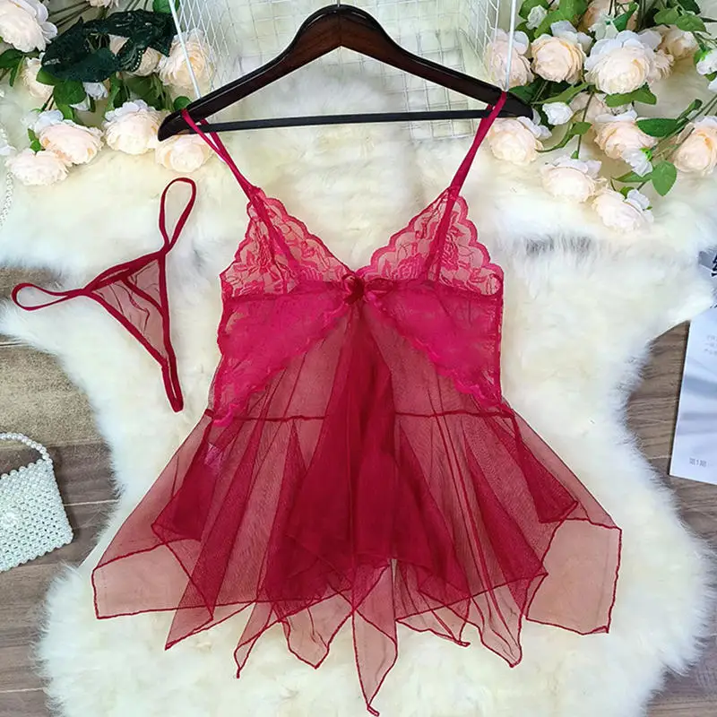 

Sexy Lingerie Lady Silk Lace Sleeveless V Neck Nightdress Nightgown Short Sleepwear Sleep Dress Erotic Clothing For Ladies