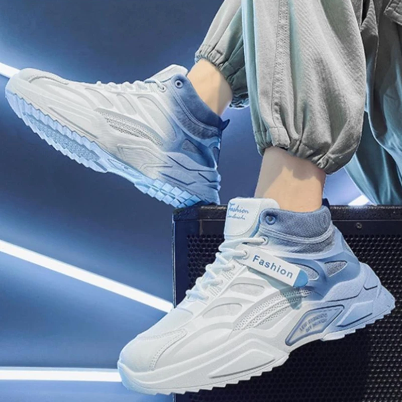 

Мужская обувь градиентного цвета, весенне-осенние кроссовки на шнуровке, увеличивающие рост, повседневные модные мужские ботинки с высоким вырезом в стиле ретро 2023 года