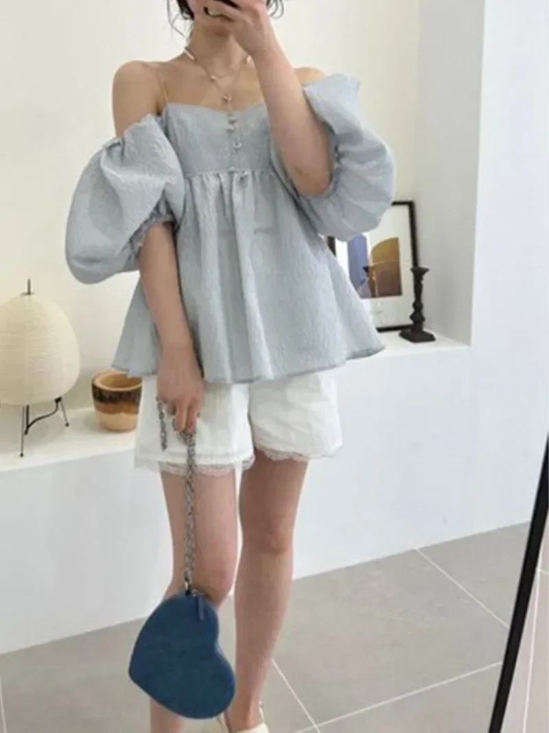 Off Shoulder Hemdjes Japan Jacquard Shirts En Blouses Bladerdeeg Korte Mouw Blusas Twee Manieren Dragen Ropa Mujer 2024 Zomer Nieuwe Tops