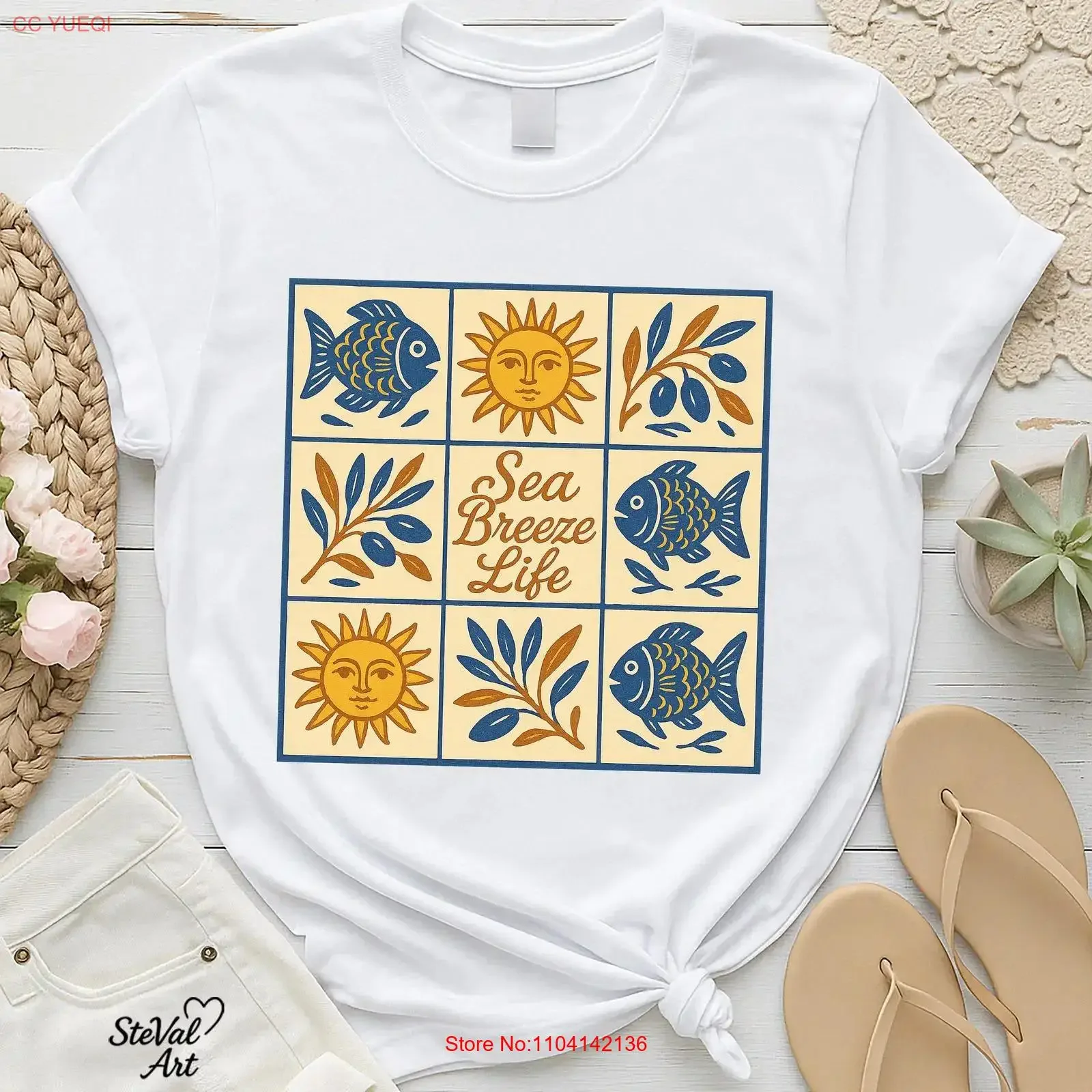 Mediterranean Summer T Shirt Sea Breeze Life Italian Tile Art Blue Fish Olive Branch Coastal Folk Design Sunny Retro  vintage