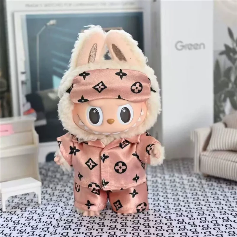 15 17 cm Für Labubu Puppe Retro Muster Pyjamas Mit Augen Maske Drei-Stück Outfit Kleidung Mode Schuhe Set kleidung Zubehör
