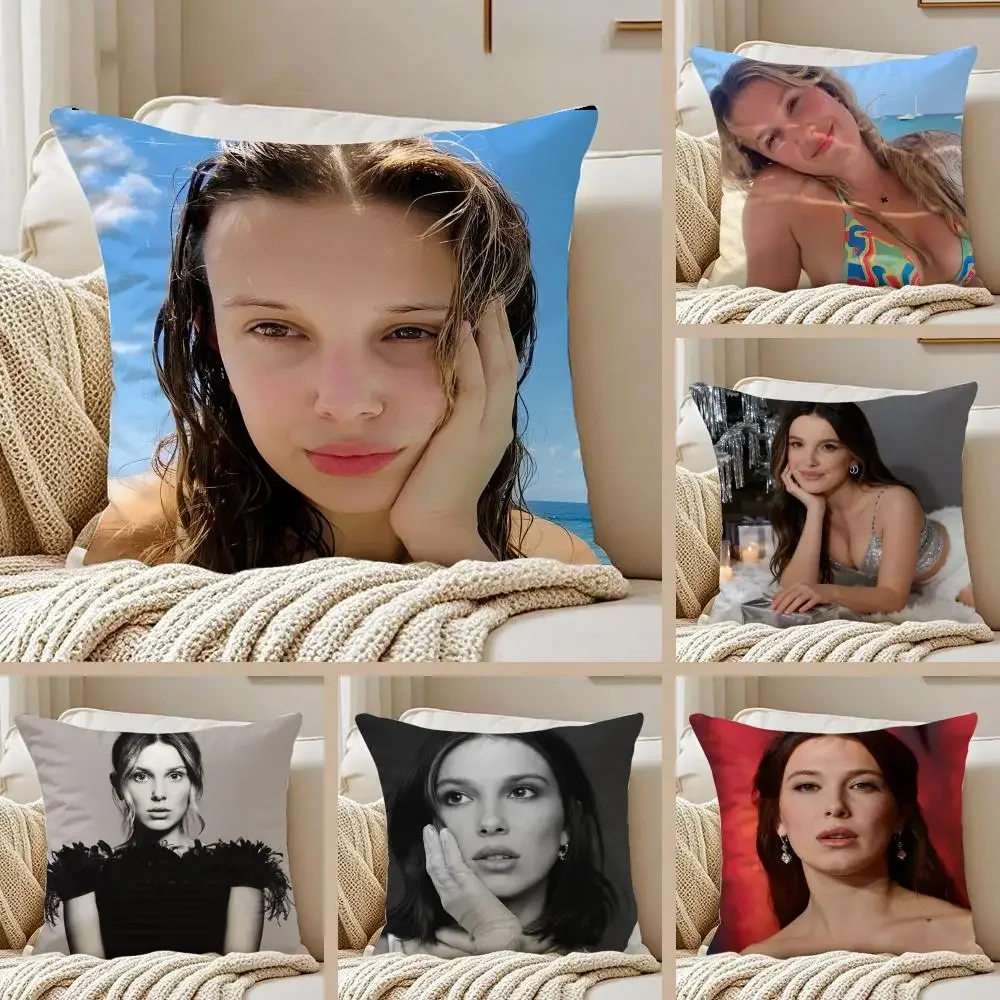 Actress M-Millie Bobby Brown Cushion Cover Pillowcase Anti-dustmite Invisible Zipper Short Plush Sofa Cushion