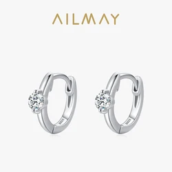 Ailmay Top Quality Real 925 Sterling Silver Elegant Round Clear Zircon Earrings For Women Statement Trendy Fine Jewelry Gift