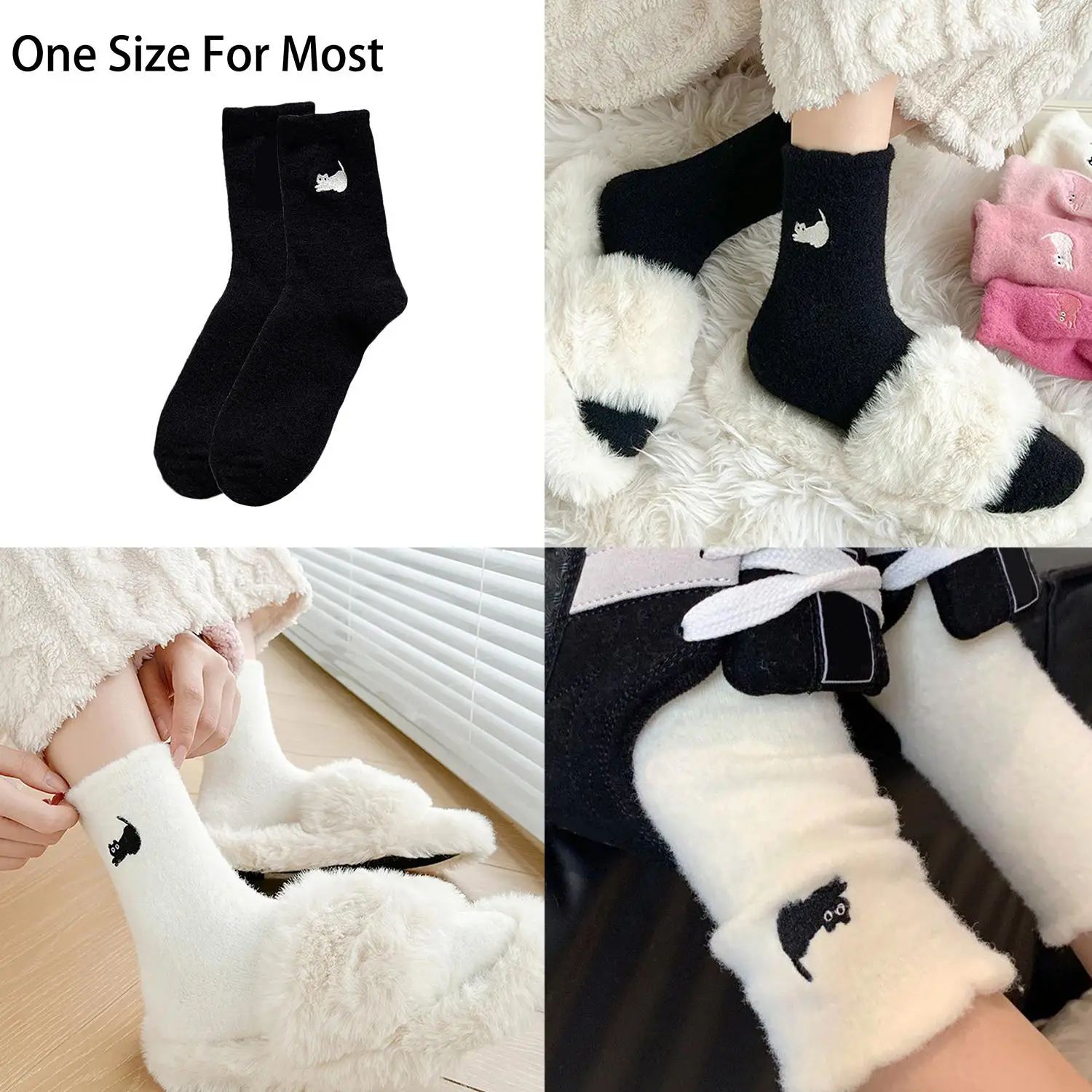 

1 Pair New Autumn Vintage Dot Women Cat Fish Socks Cute Cartoon Cat Pattern Middle Tube Socks Soft Thermal Warm Premium Sock