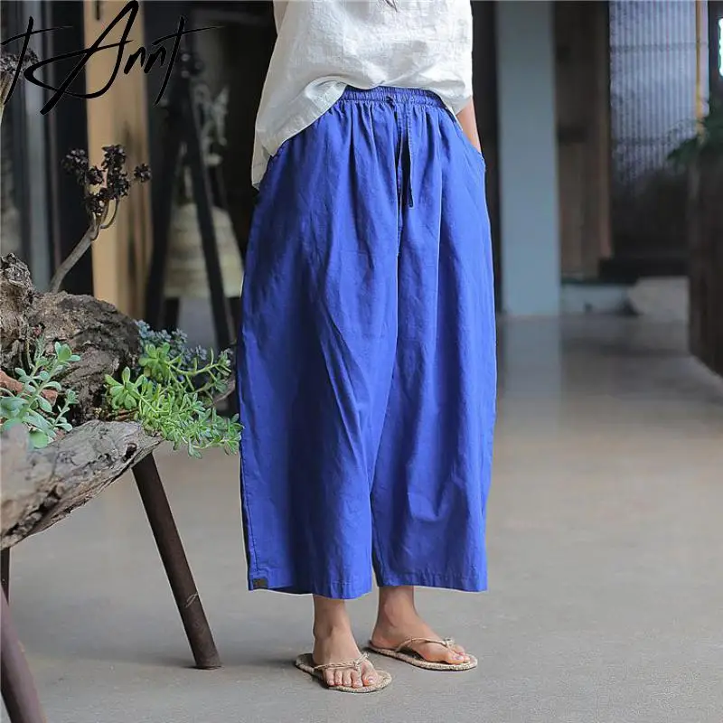 

Getspring Women Pant Bandages Elastic Cotton Waist Wide Leg Pants 2024 New Summer Casual Ankle-Length Pants For Women