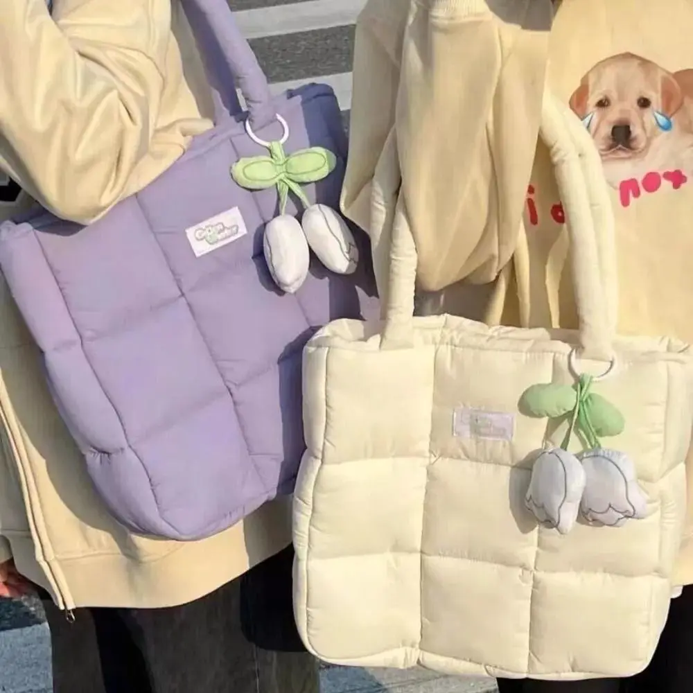 New Cotton Down Shoulder Bag Solid Color Large Capacity Tote Bag Fluffy Soft Travel Handbag