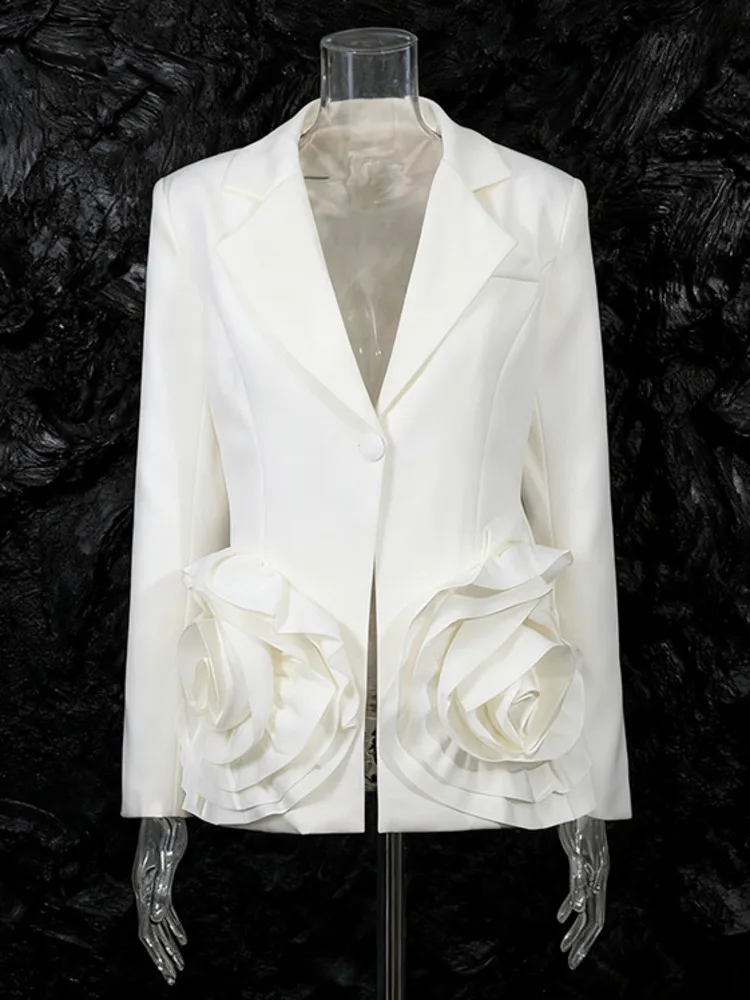 ZMEENNA femmes élégant blanc Blazer simple bouton fermeture Rose Floral à volants poche détail à manches longues vêtements d'extérieur ZM4241