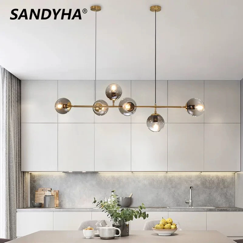 SANDYHA Modern Simple Pendant Light 6 Heads Gradient Glass Ball Dining Room Chandeliers for Living Home Decor Led Lamp Fixtures