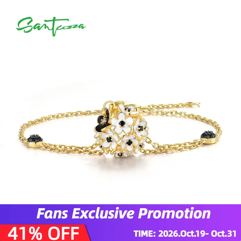 SANTUZZA Pure 925 Sterling Silver Bracelet For Women White Black Flower Ball Enamel Adjustable Chic Gifts Fine Jewelry Set