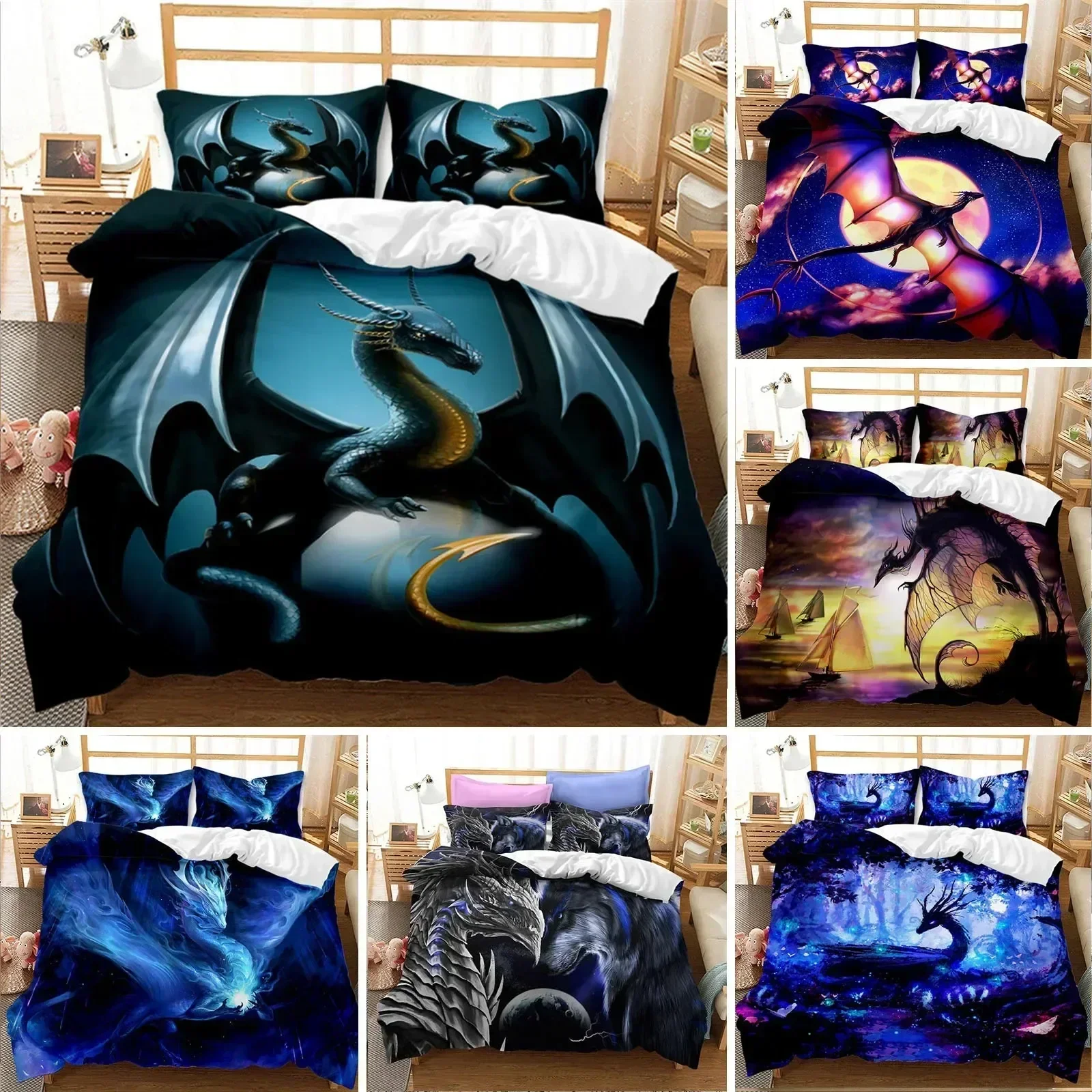 Flying Dragon Duvet Cover Microfiber Ancient Wild Animal Bedding Set Gothic Theme Monster Comforter Cover For Kids Boys Teen