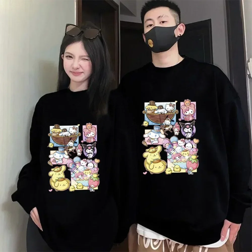 Miniso Hello Kitty T-shirt Cute Pure Cotton Printed Pullover Cartoon Autumn Winter Style Loose Casual Couple Sports Shirt Top