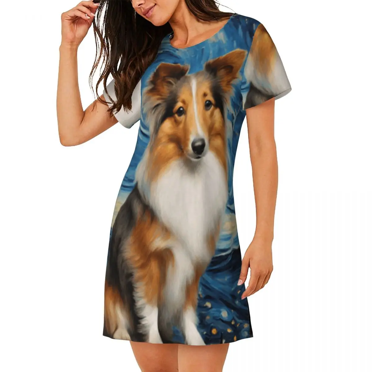 Shetland Sheepdog Dog In A Van Gogh Starry Short Sleeves Nightdress For Sleeping Women Short Sleeve Nightgowns Pajama Dress
