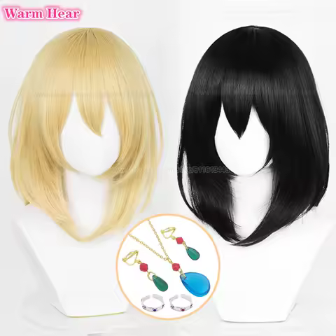 In Stock Howl Synthetic Wig Anime 2 Styles Short 35cm Golden/Black Cosplay Wig And Earring Heat Resistant Hair New Wigs +Wig Cap